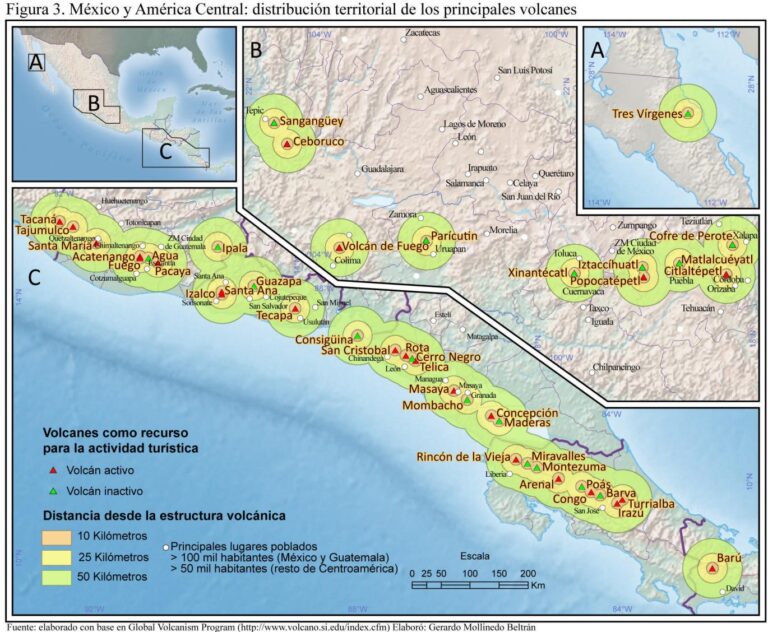 México y América Central: distribución territorial de los principales volcanes